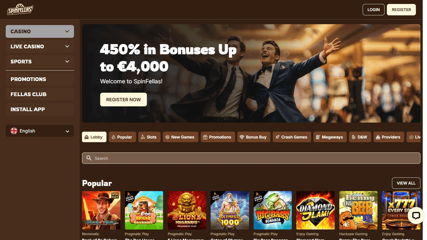 Spinfellas Casino home experience on desktop with casino and promotion options