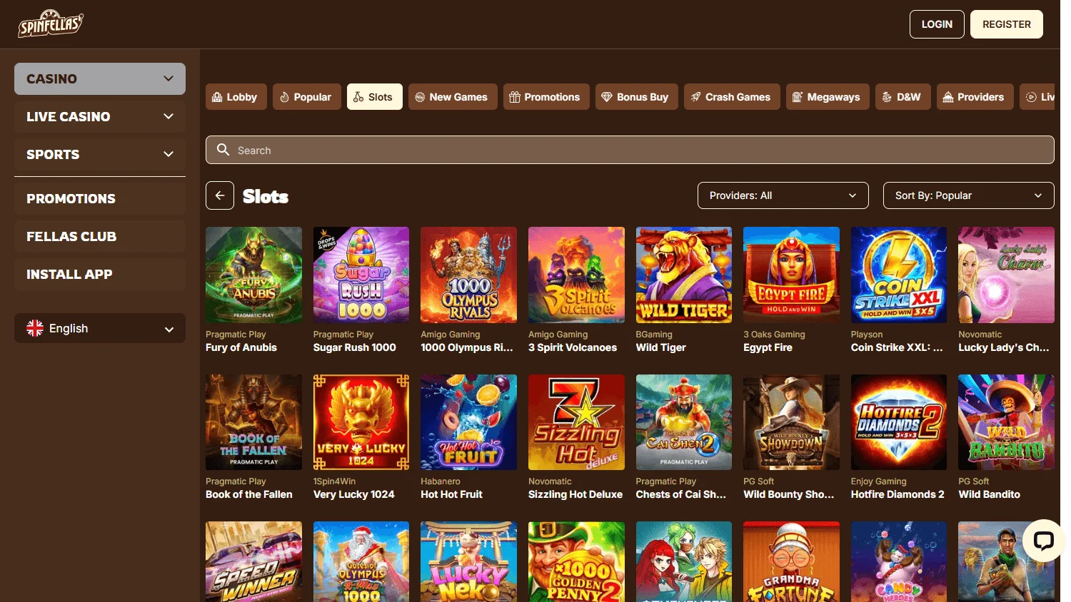 Spinfellas Casino desktop games area with pokies, crash games and live casino choices