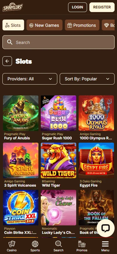 Spinfellas Casino mobile games area with slots, crash games and live formats