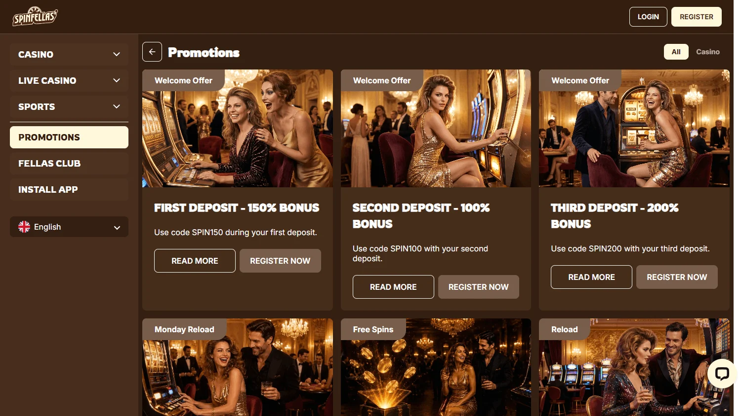 Spinfellas Casino desktop promotions area with welcome package and ongoing rewards