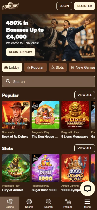 Spinfellas Casino mobile web app home experience on a phone