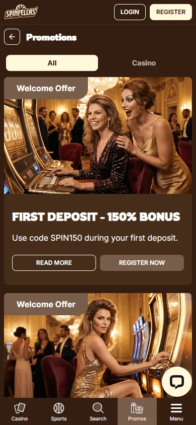 Spinfellas Casino mobile promotions area with welcome and weekly offers
